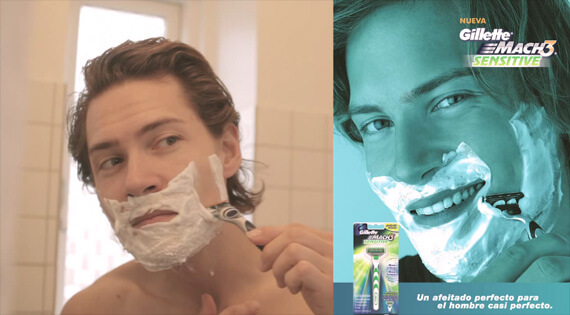 Stock Image Featuring a Man Shaving Alongside an Advertisement Using the Stock Image