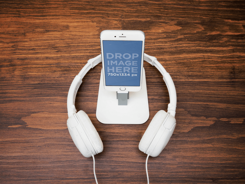 Product Mockup, White iPhone 6 on Stand with Headphones