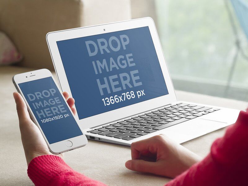 Iphone 6 And Macbook Air Mockup Of Young Woman Sitting At A Table