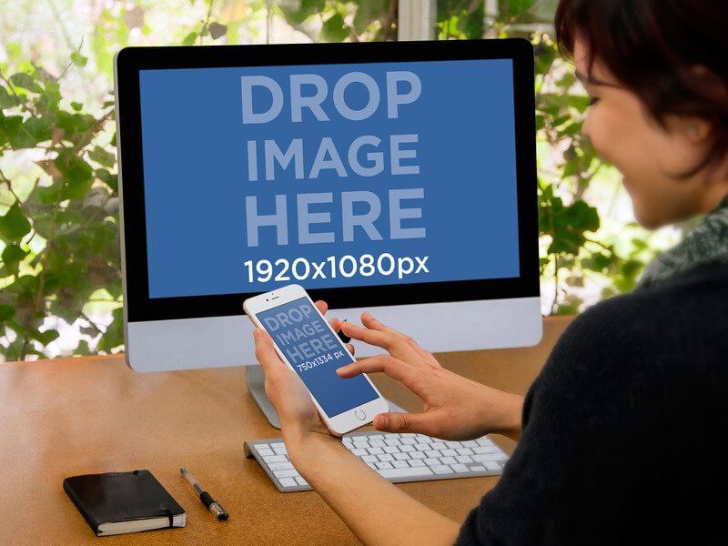 Product Mockup, Imac And Iphone 6 Being Used By Woman