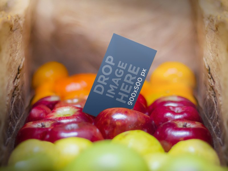 PRINT MOCKUP, BUSINESS CARD SET IN A TROUGH OF APPLES
