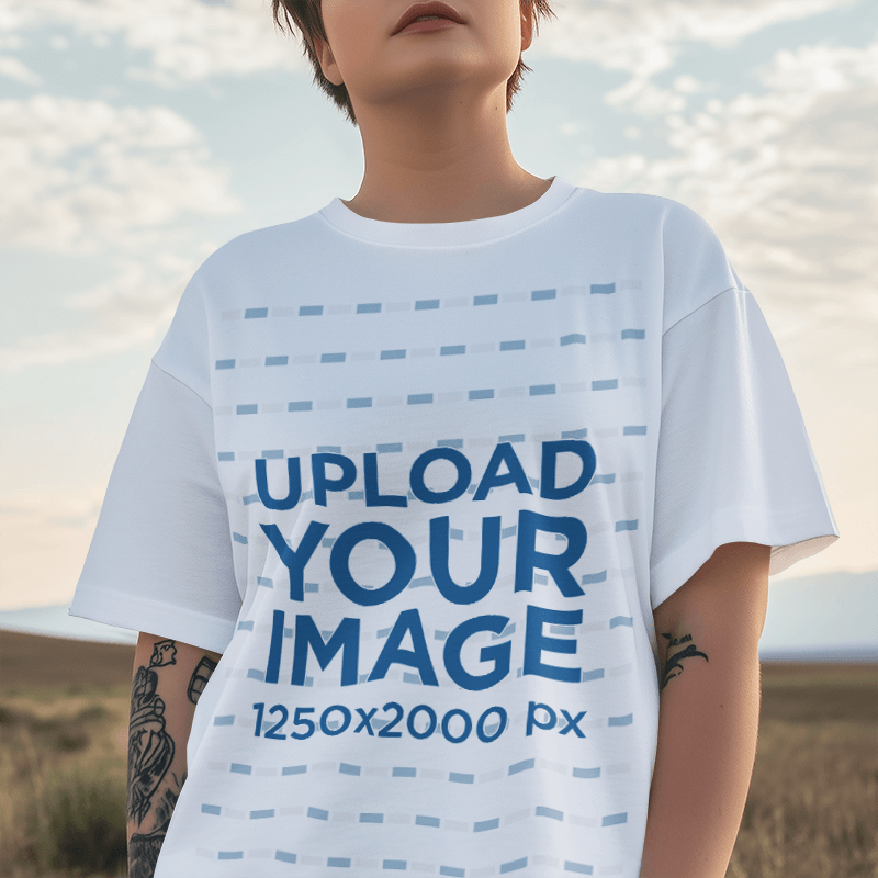 T Shirt Mockup Of An Ai Generated Cropped Face Woman With Tattoos Standing Against The Sky