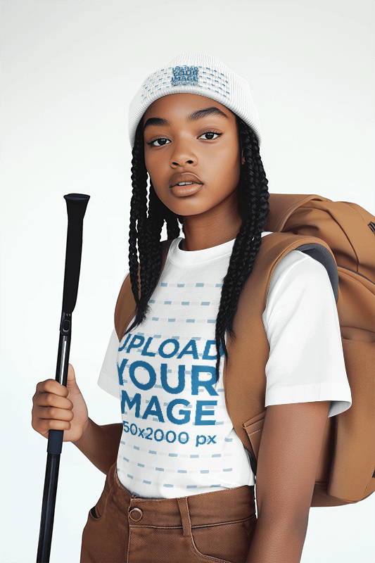 Outdoors Themed Mockup Of An Ai Generated Teenage Girl Wearing A T Shirt And A Beanie