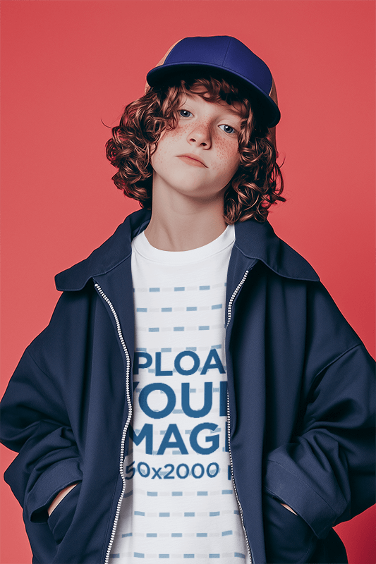 Round Neck T Shirt Mockup Featuring An Ai Created Curly Haired Boy In A Studio