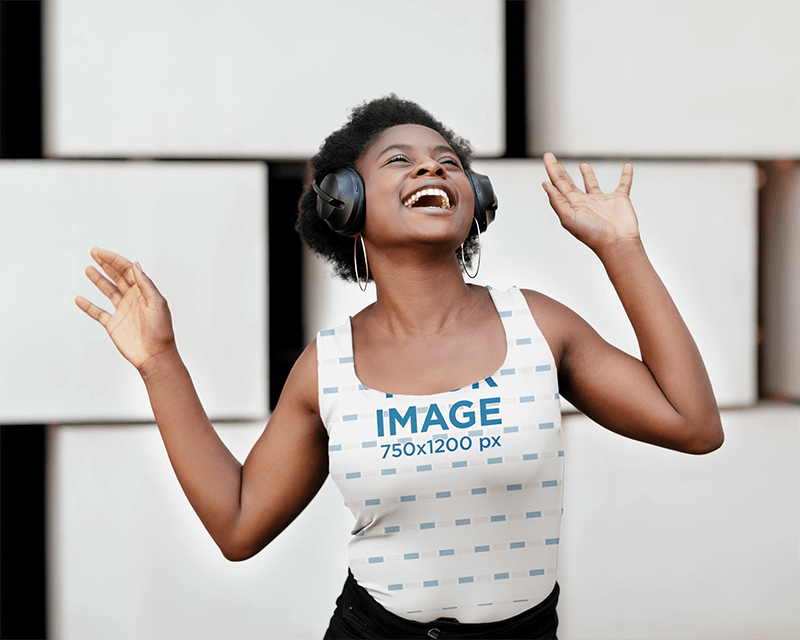 Sublimated Tank Top Mockup Featuring A Short Haired Woman Listening To Happy Music