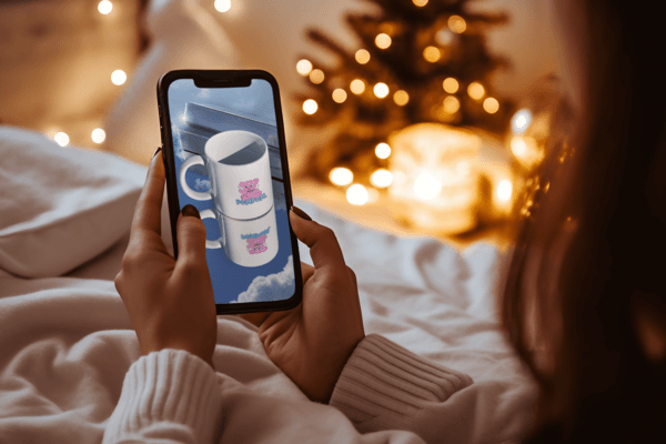 Mockup Featuring A Woman Holding An Iphone In Front Of A Christmas Tree