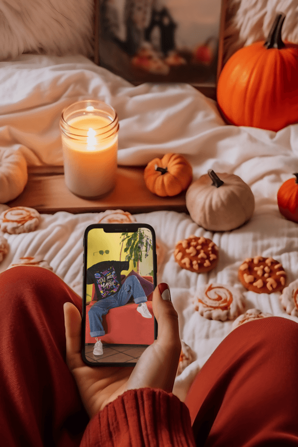 Mockup Of An Ai Generated Woman Holding An Iphone 13 Featuring A Fall Aesthetic