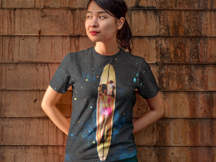 "Plaedian Surfer" Art Piece on a All-Over Tshirt (Mockup Made With Placeit)