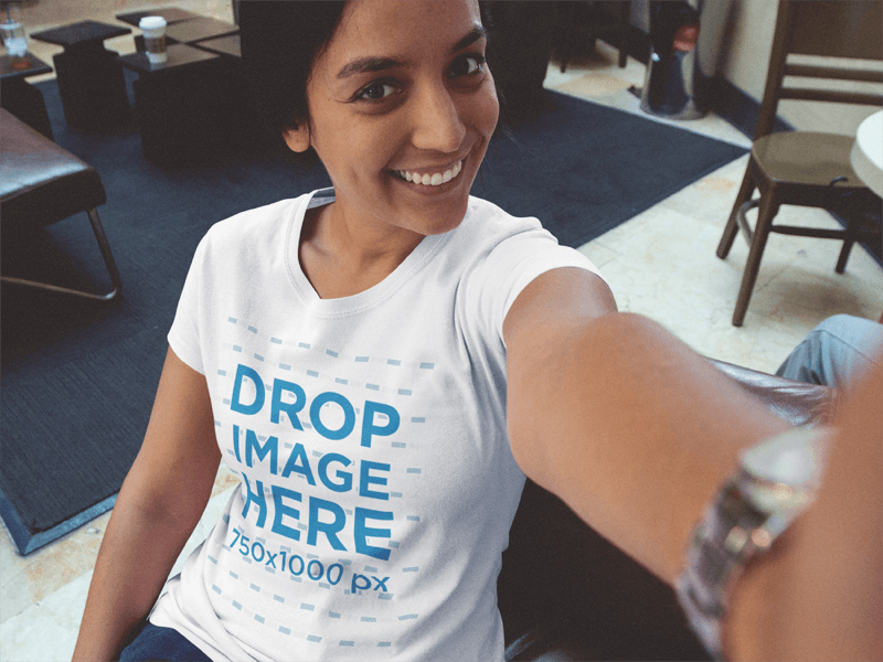 Girl at a Coffee Shop Taking a Selfie T-Shirt Mockup