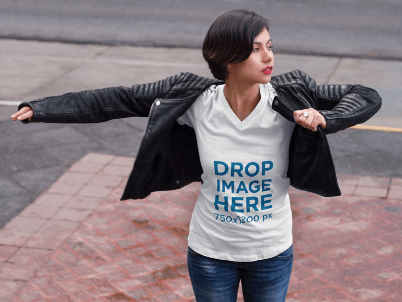 V-NECK T SHIRT MOCKUP OF A WOMAN WEARING A LEATHER JACKET