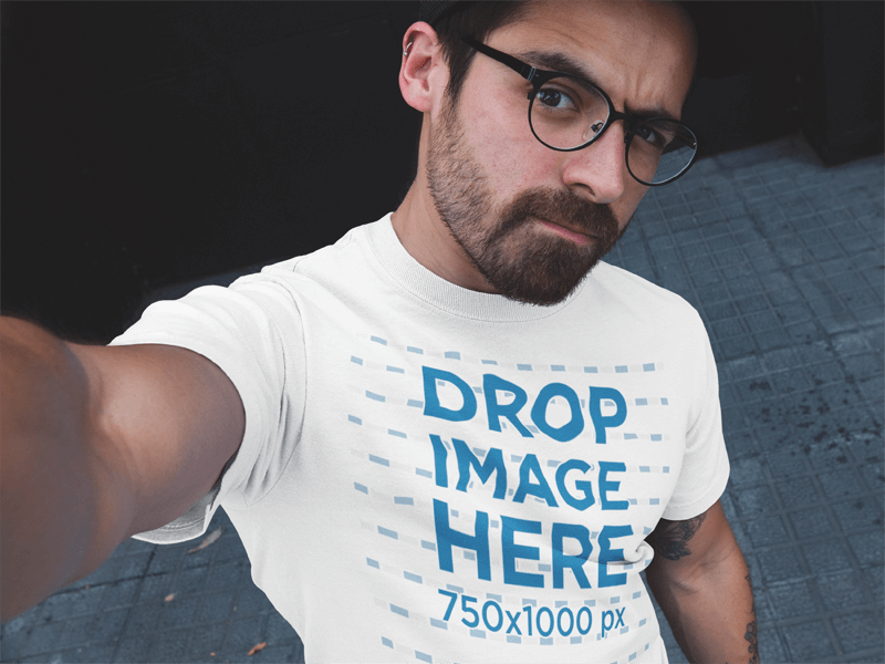 Hipster Guy with Glasses Taking a Selfie Round Neck T-Shirt Mockup