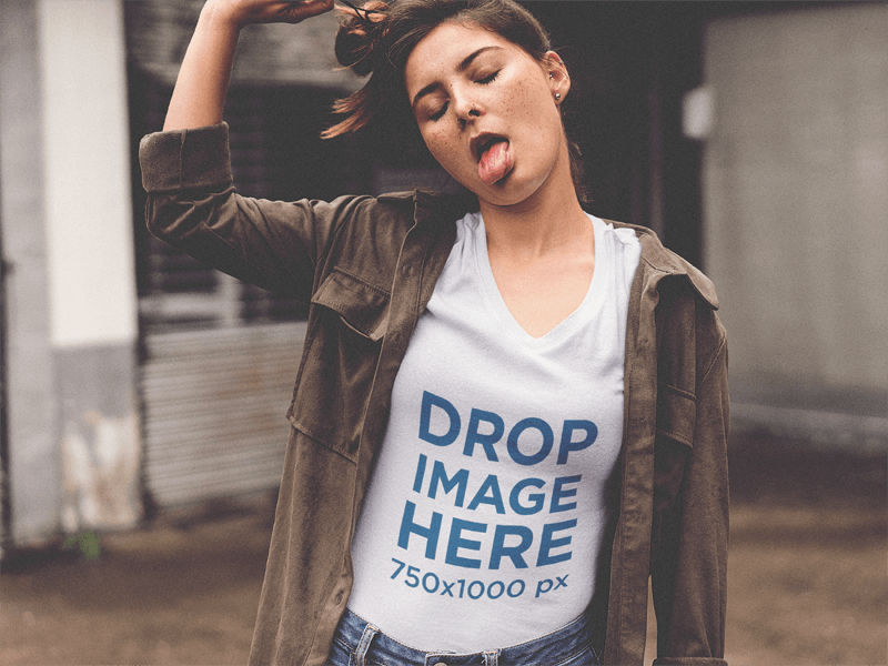 V-NECK TEE MOCKUP OF A TRENDY GIRL STICKING OUT HER TONGUE