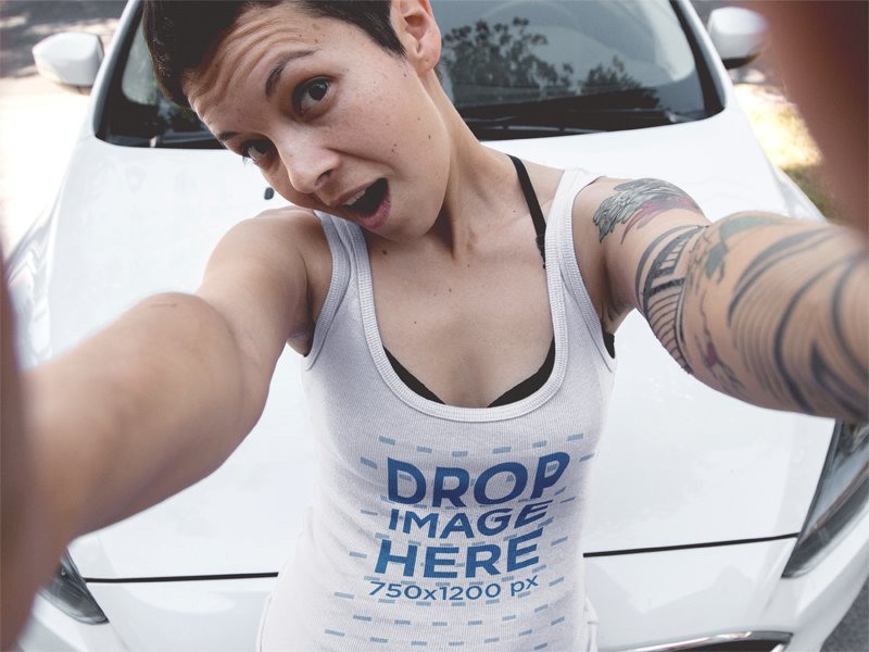 Tank Top Mockup of a Girl with Short Hair Taking a Selfie