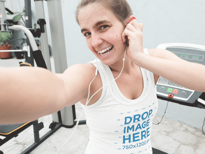 Young Girl Exercising Taking a Selfie with a Tank Top Mockup