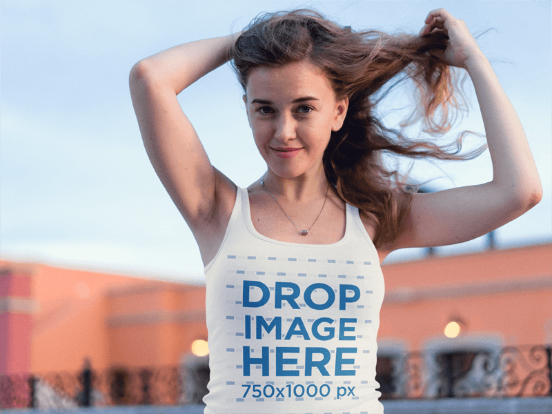 Blonde Girl with Wavy Hair Wearing a Scoop Neck Tank Top Mockup