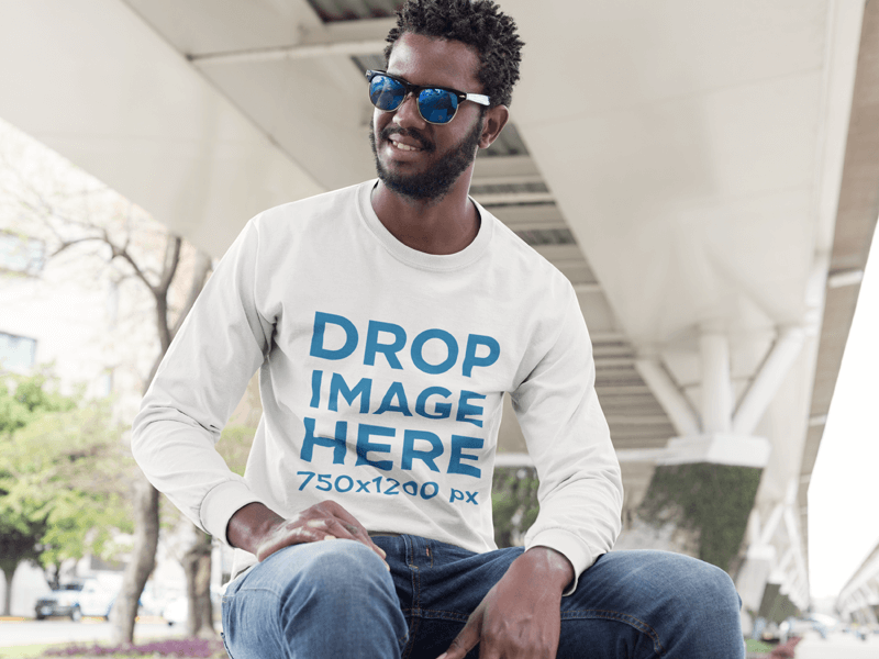 Long Sleeve T-Shirt Mockup of a Man Sitting on a Bench
