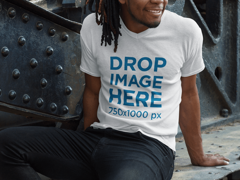 V-Neck T-Shirt Mockup of a Smiling Black Man With Dreadlocks Sitting