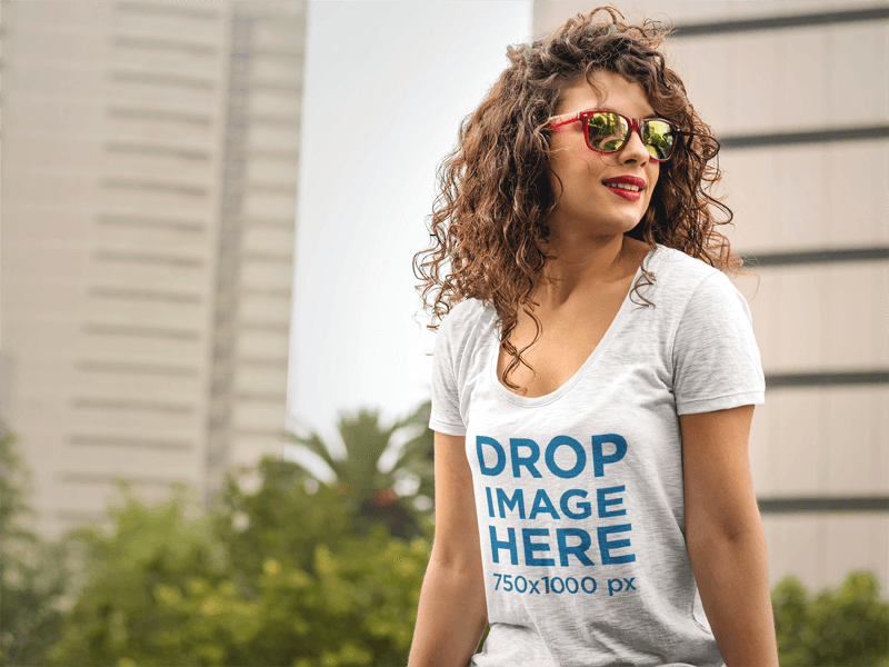 T-Shirt Template of a Pretty Woman With Red Lips and Curly Hair