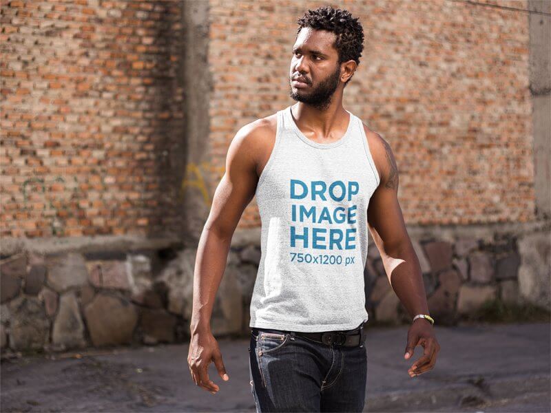 Tank Top Mockup of a Young Black Man at Urban Scenario