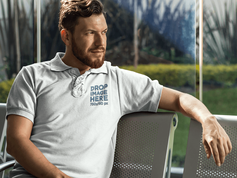 Collar Shirt Mockup Featuring a Man Sitting on a Bench