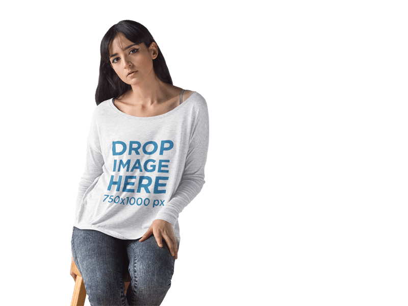 Bella Long Sleeve T-Shirt Mockup of a Girl Sitting on Stool