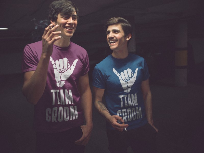 Two friends wearing bachelor party t-shirts mockup