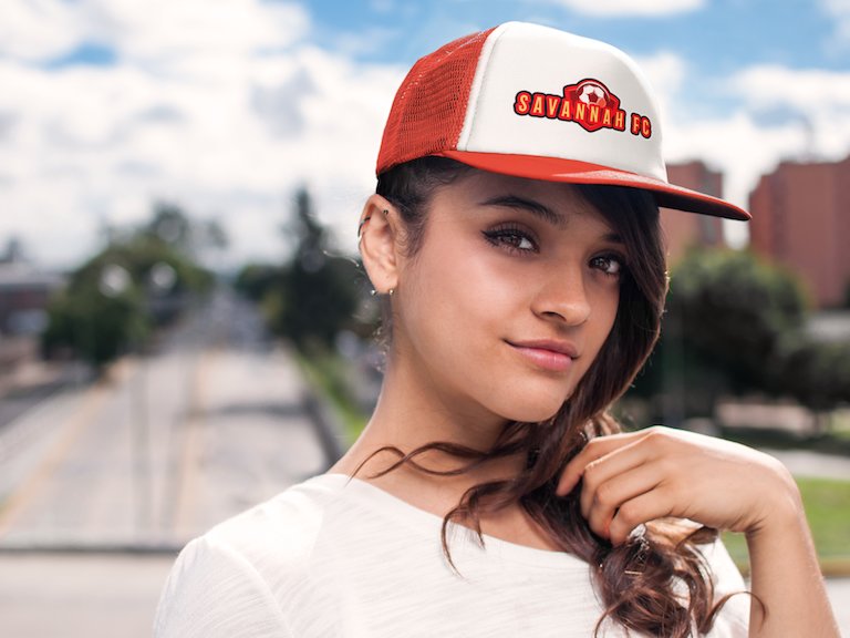 Young woman walking through a pedestrian bridge hat mockup