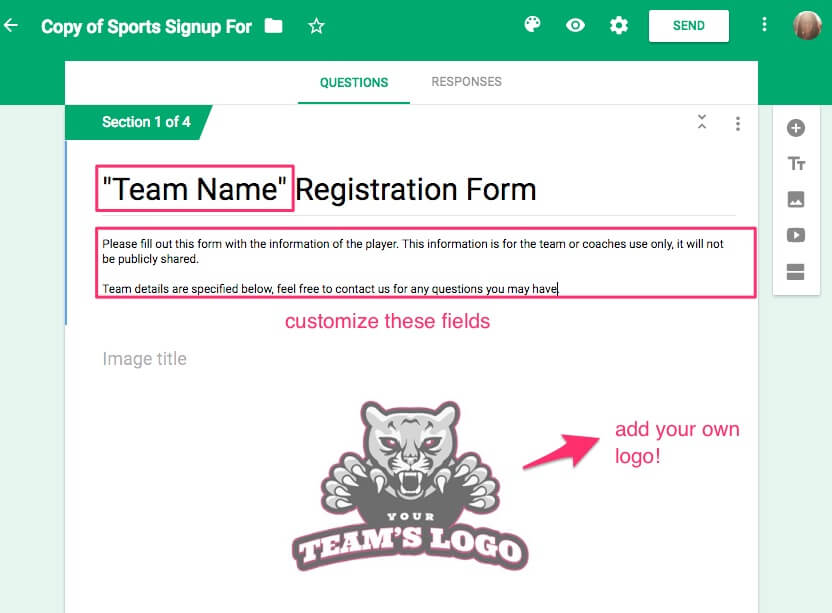 sports registration form - customize the form