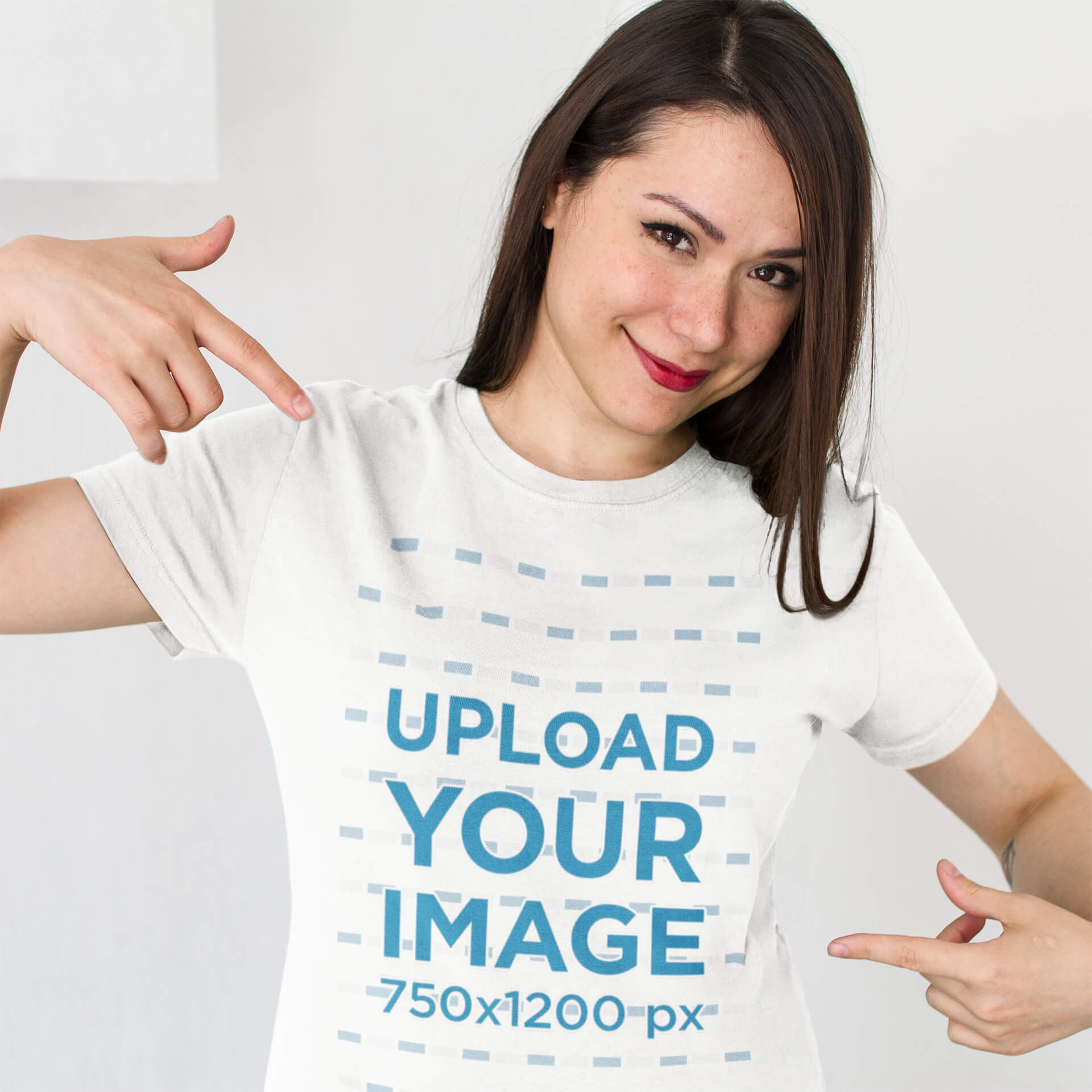 Download Placeit Smiling Customer Showing Her New T Shirt Mockup Against A White Background