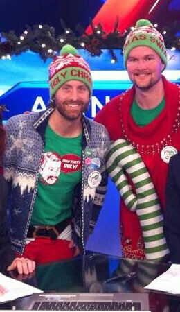 Chris Boyd and Jordan Birch wearing ugly christmas sweaters