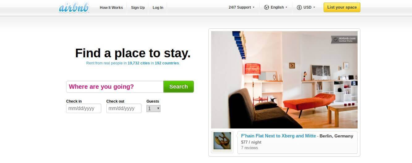 airbnb homepage 2009