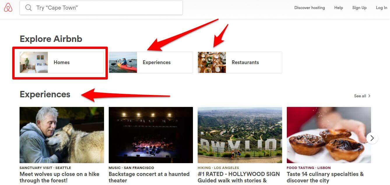 airbnb homepage annotated