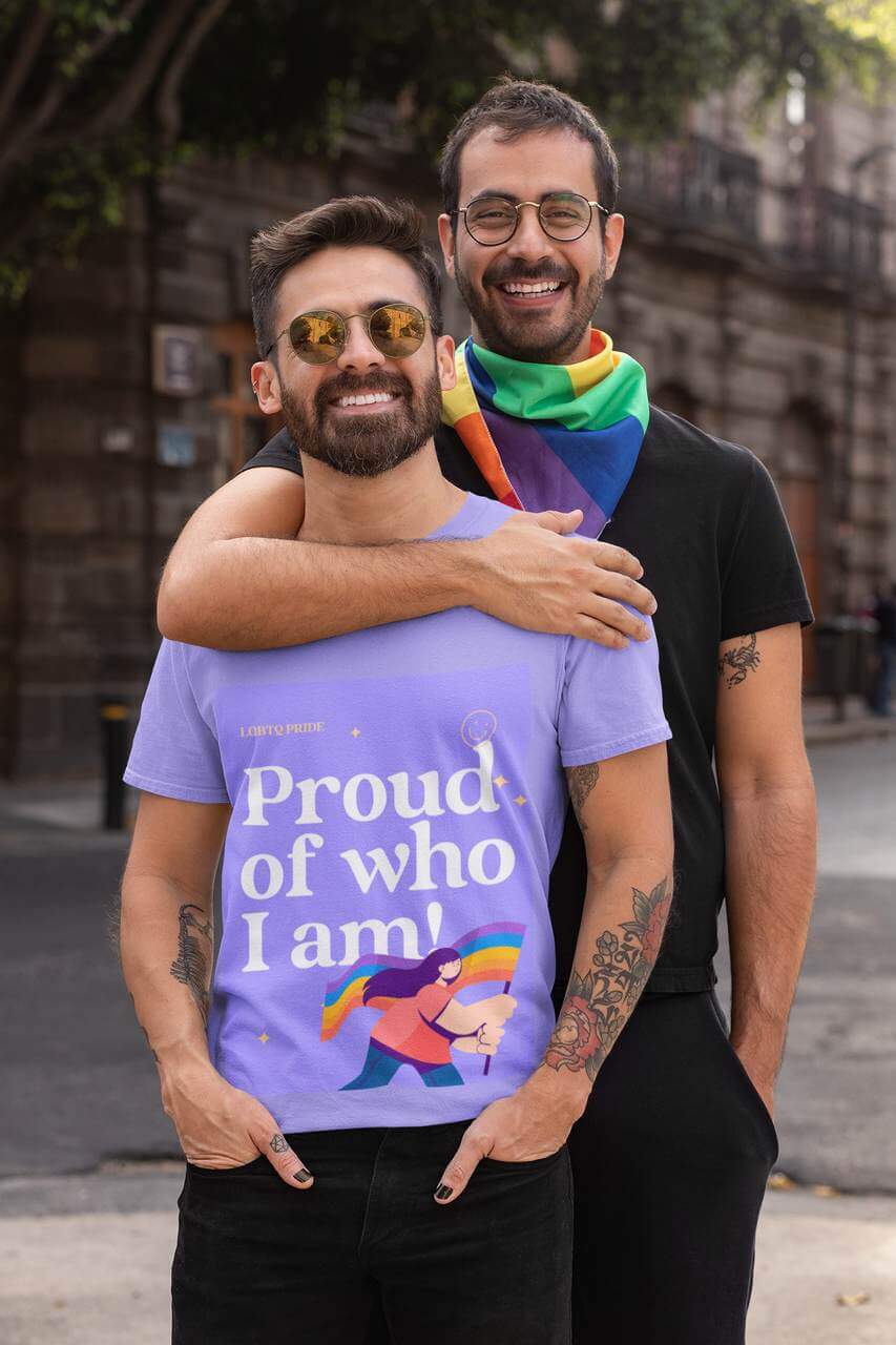 Two Guys Wearing A Pride T Shirt To Celebrate Pride Month In June