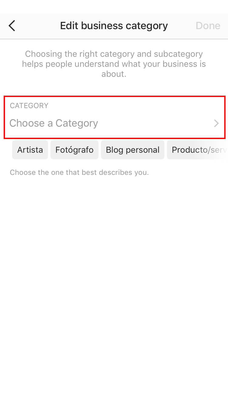 Click on the 'Category' option to change the type of business your Instagram is for.