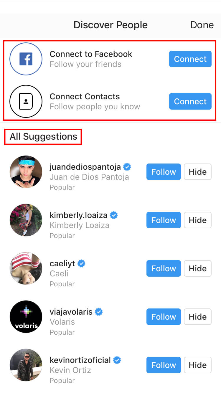 Start adding friends from Facebook, your contacts, or from Instagram's suggested users.