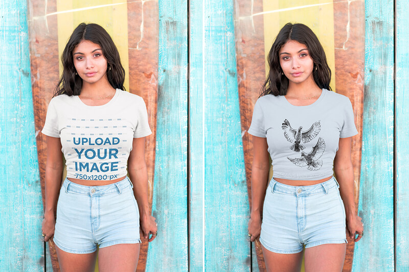 Hispanic Girl Wearing A Tshirt Mockup Standing Against A Surfboard