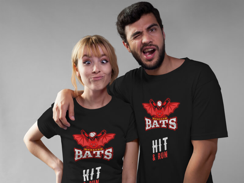 Mockup of Couple Wearing Baseball Little League T-Shirts