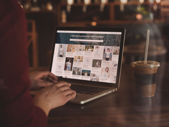 Macbook Mockup With Cold Drink Side Cafeteria