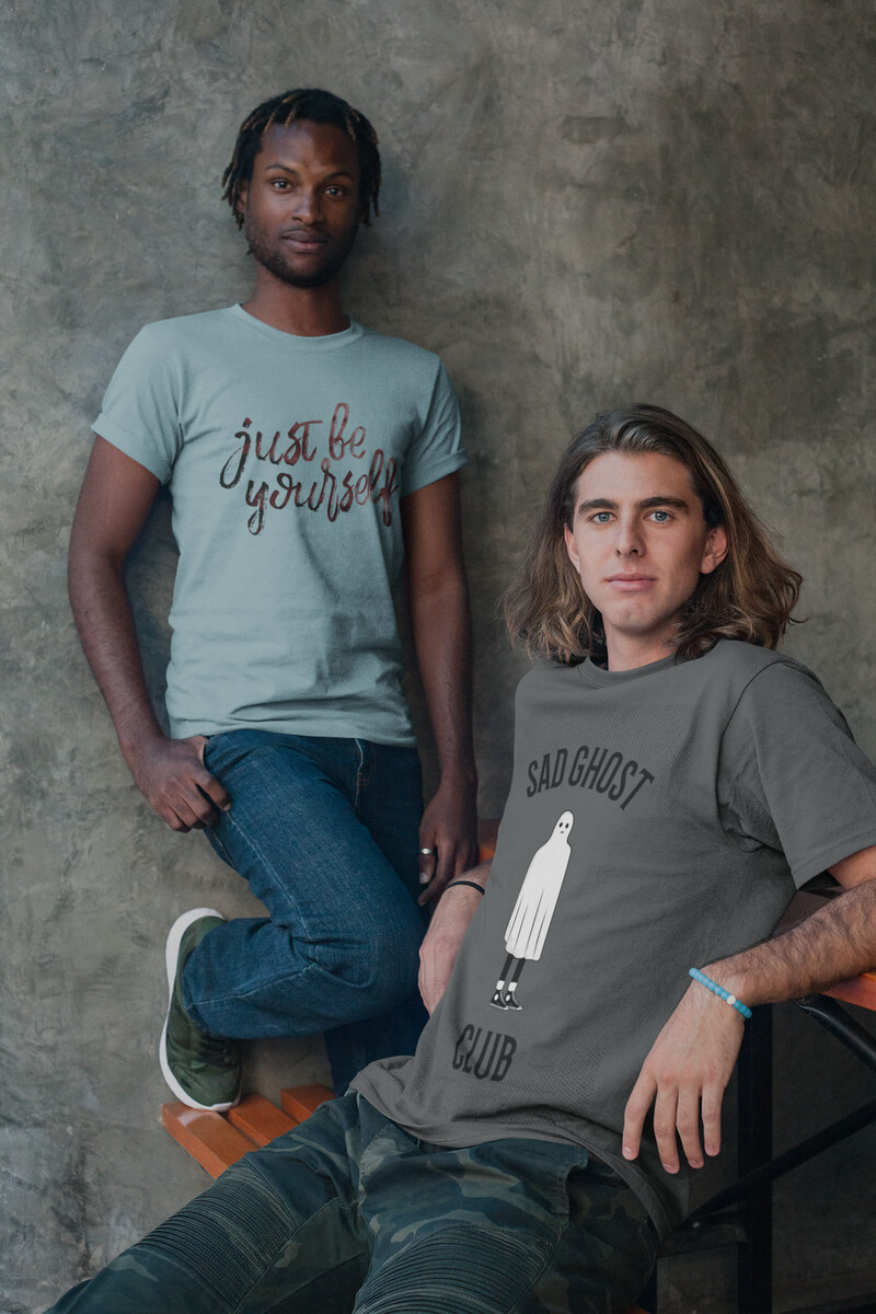 Black Dude With Short Dreadlocks And White Guy Wearing Interracial Shirts Mockup