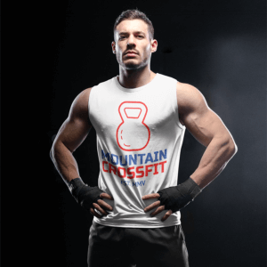 T-Shirt Mockup with a Crossfit Logo Design Being Worn By a Strong Man