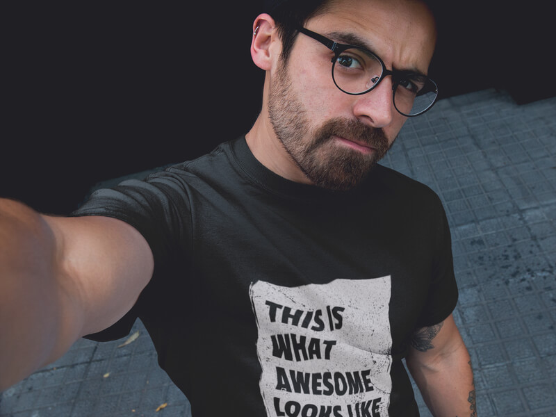 Hipster Guy With Glasses Taking A Selfie Round Neck T Shirt Mockup