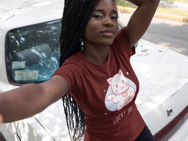 Selfie Of A Pretty Black Girl With Dreadlocks Wearing A Round Neck Tee Mockup Next To An Old Car