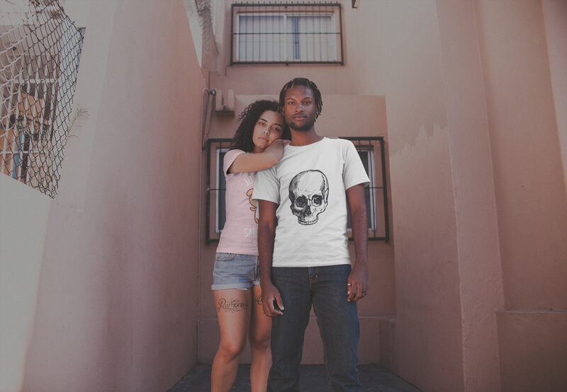 Young Couple Wearing T Shirts Mockup Outside Their Apartment