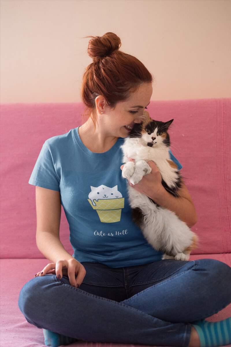 Ginger Woman Wearing A T Shirt Mockup While Holding Her Cat