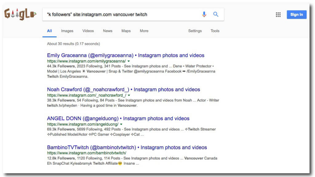 Get More Followers Instagram Google Search Operator Screenshot