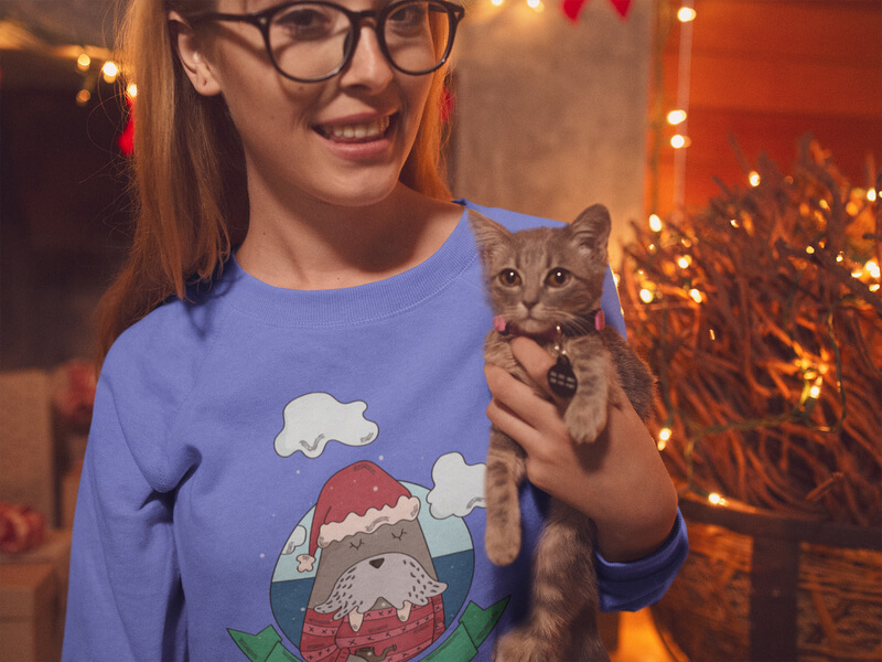 Sweatshirt Mockup Of A Woman Cuddling With Her Cat On A Christmas Setting