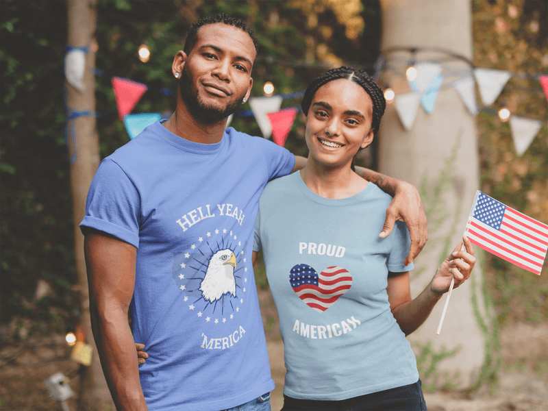 Smiling Black Man And Woman Wearing A Tshirt Mockup With A 4th Of July Design