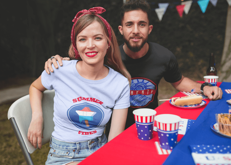 Two Friends Wearing Round Neck Tees Mockup At A 4th Of July Bbq