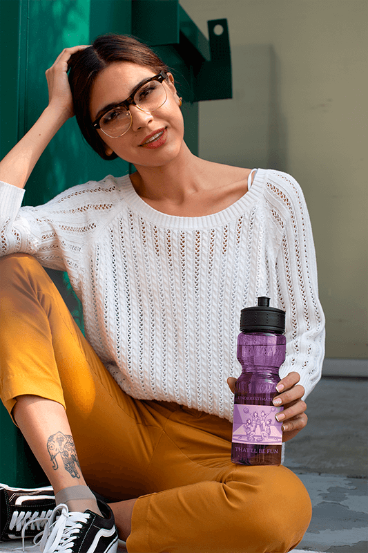 Water Bottle Mockup Of A Woman Wearing Cool Retro Glasses 24423
