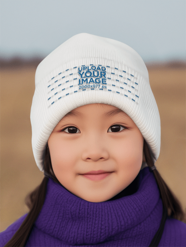 Beanie Mockup Of An Ai Generated Cute Smiling Girl Posing In An Outdoor Set